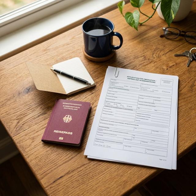Auswanderungsdokumente auf einem Holzschreibtisch