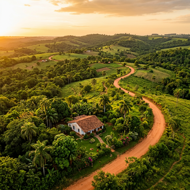 Luftaufnahme einer Landschaft in Paraguay mit grünen Hügeln und Palmen